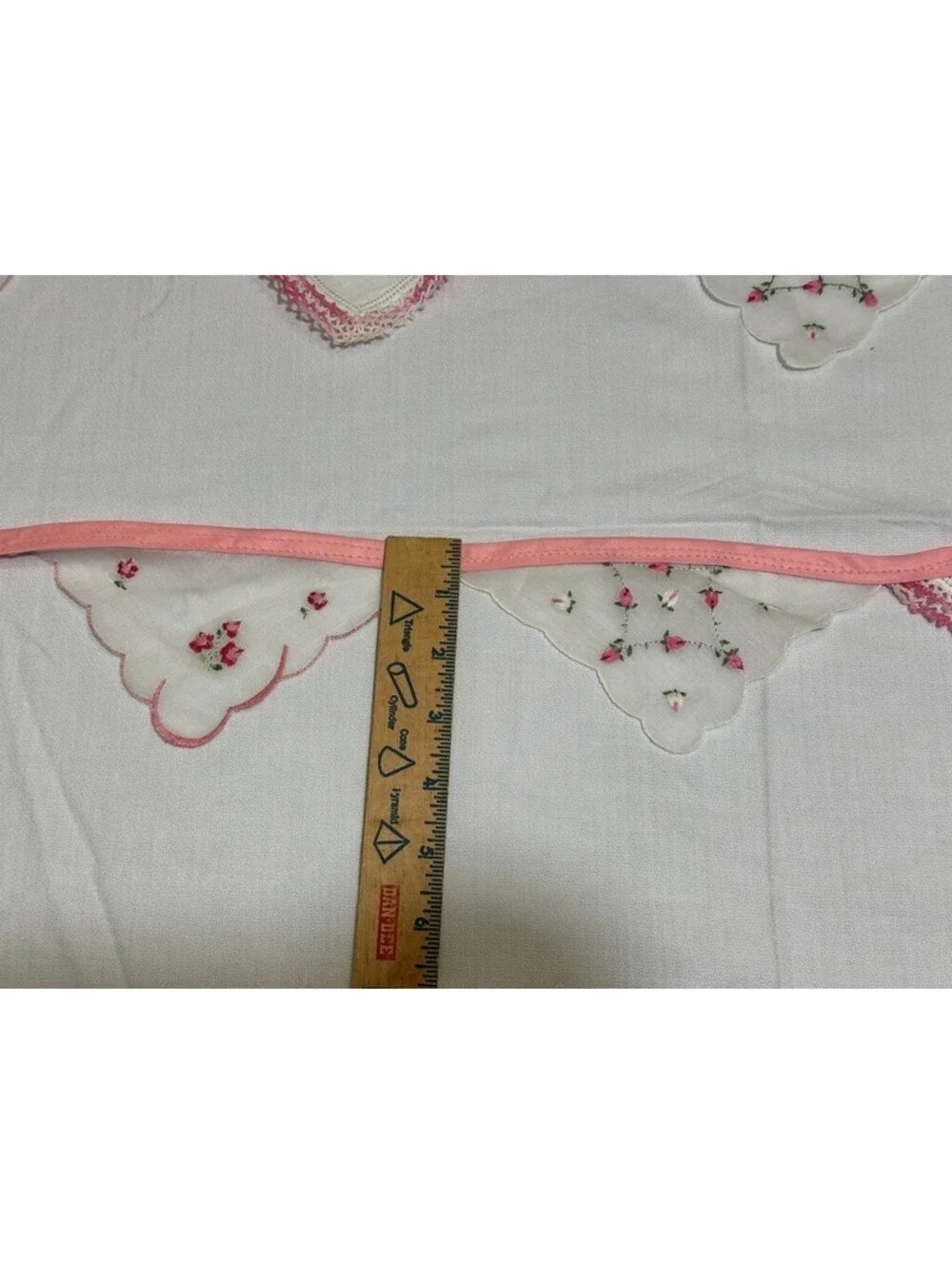 Vtg Pink Handkerchief Bunting Garland Hankie Banner Handmade Flowers Floral Rose